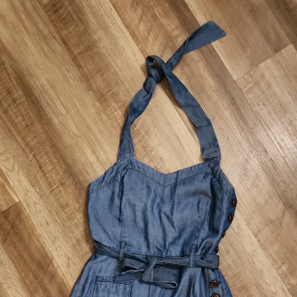 Elevenses Anthropologie Blue Wide Leg Halter Jumpsuit 70s Boho Retro - Picture 4 of 11